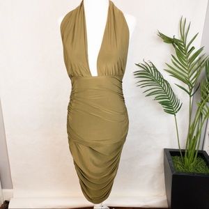Boohoo Ruched Olive Halter Backless Midi Dress